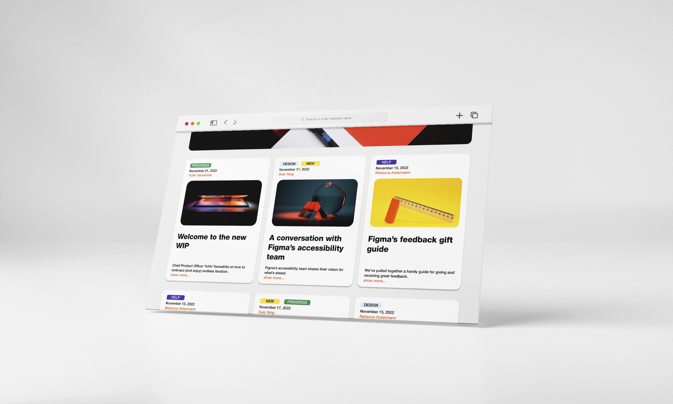 Figma blog redesign user interface mockup with colourful post cards