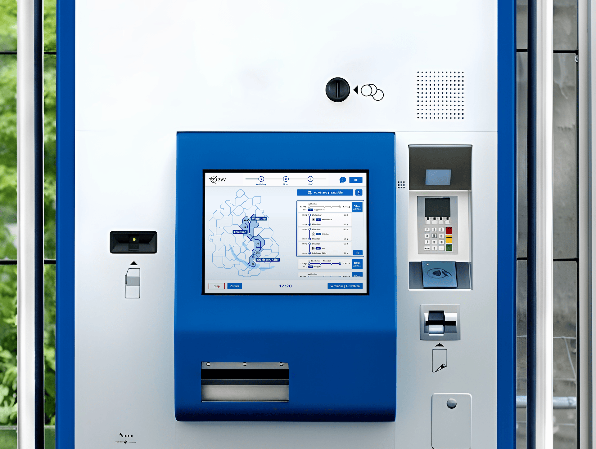 Blue ticket vending machine showing a map on its touchscreen interface